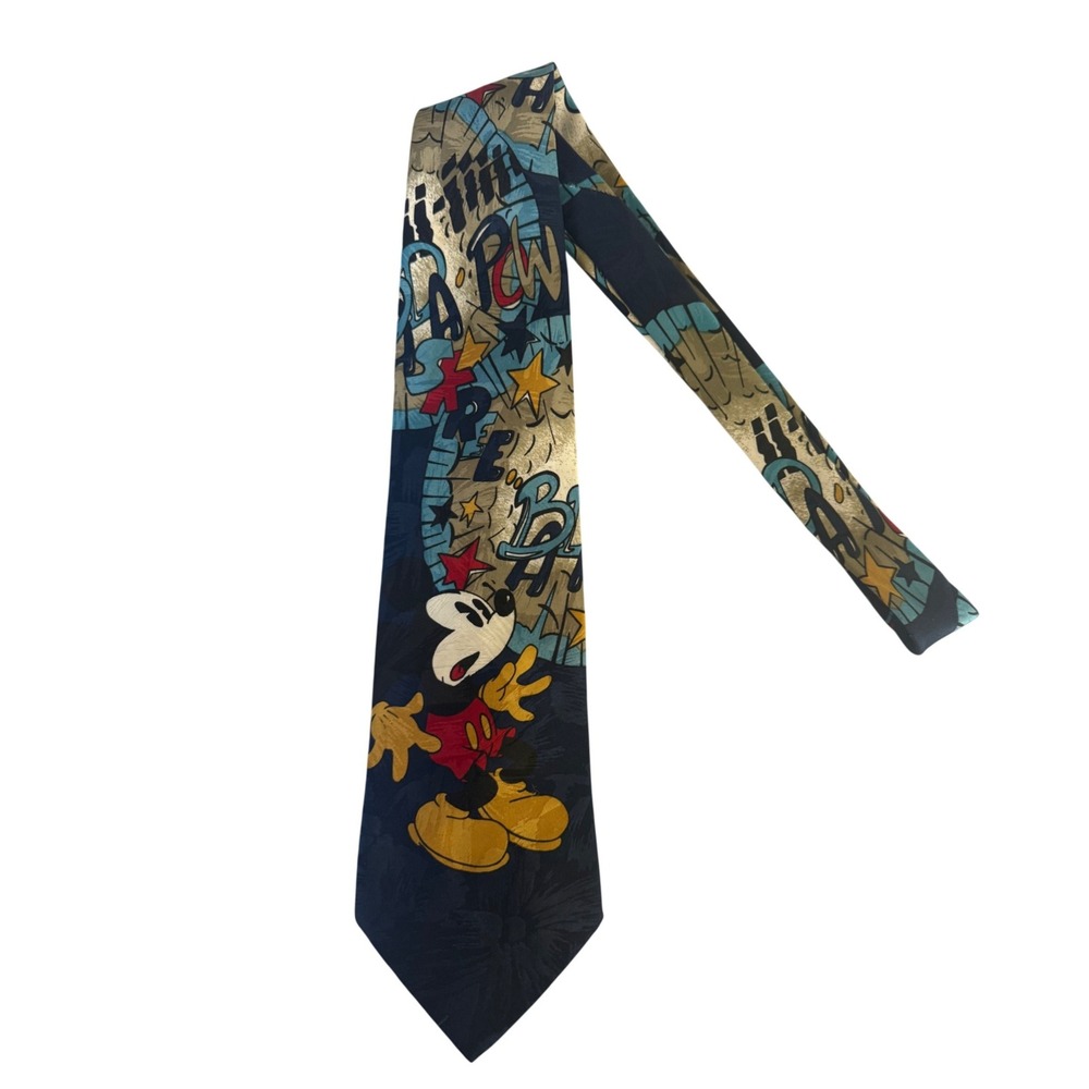 Vintage Mickey Unlimited Mens Comic Graphic Necktie Tie Navy Silk Disney Italy